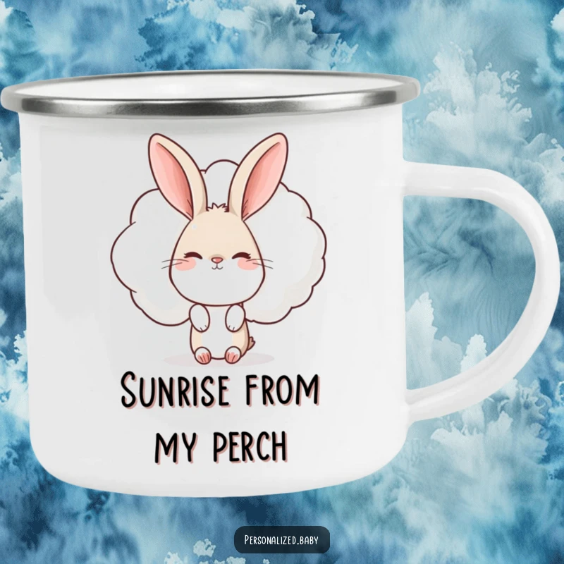 Funny Rabbit Camping Mug: Durable mug with a curious rabbit peeking from behind a winking cloud, perfect for outdoor enthusiasts.