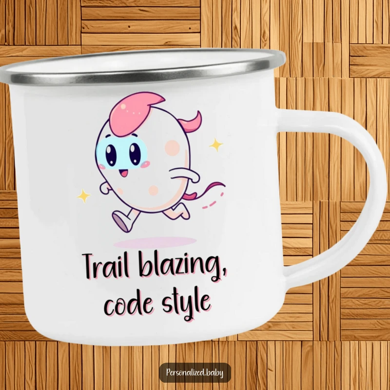 Funny camping mug showing a playful, zooming code character with a sparkly trail, perfect for adventurous coders.