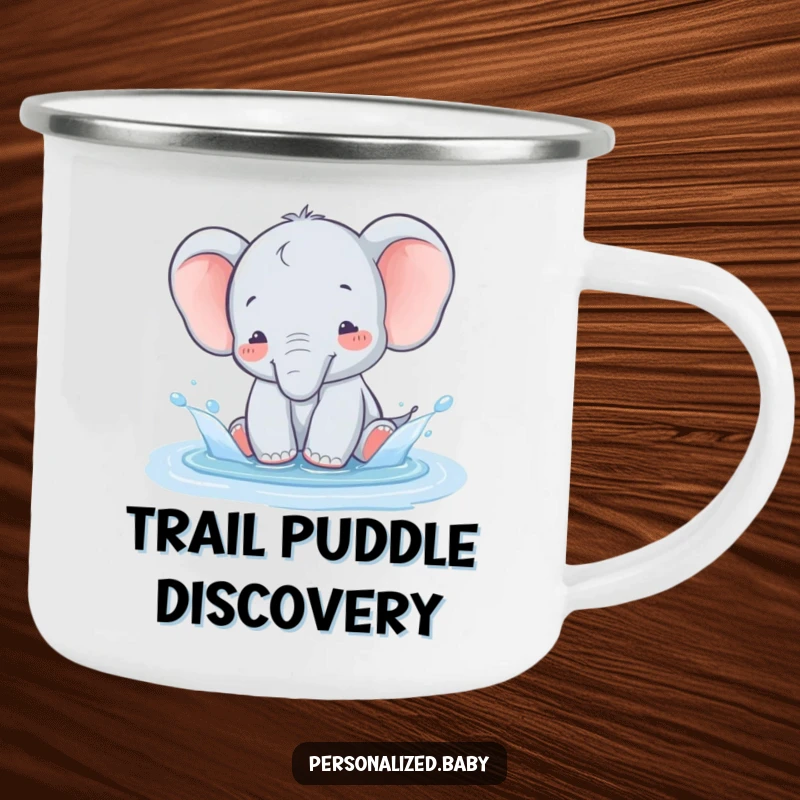 Funny baby elephant splashing in a puddle next to a campfire, a humorous and durable camping mug.