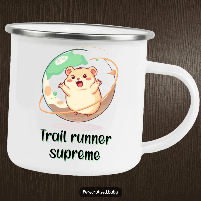 Funny camping mug with a happy hamster spinning on a giant planet, durable and ready for any journey.