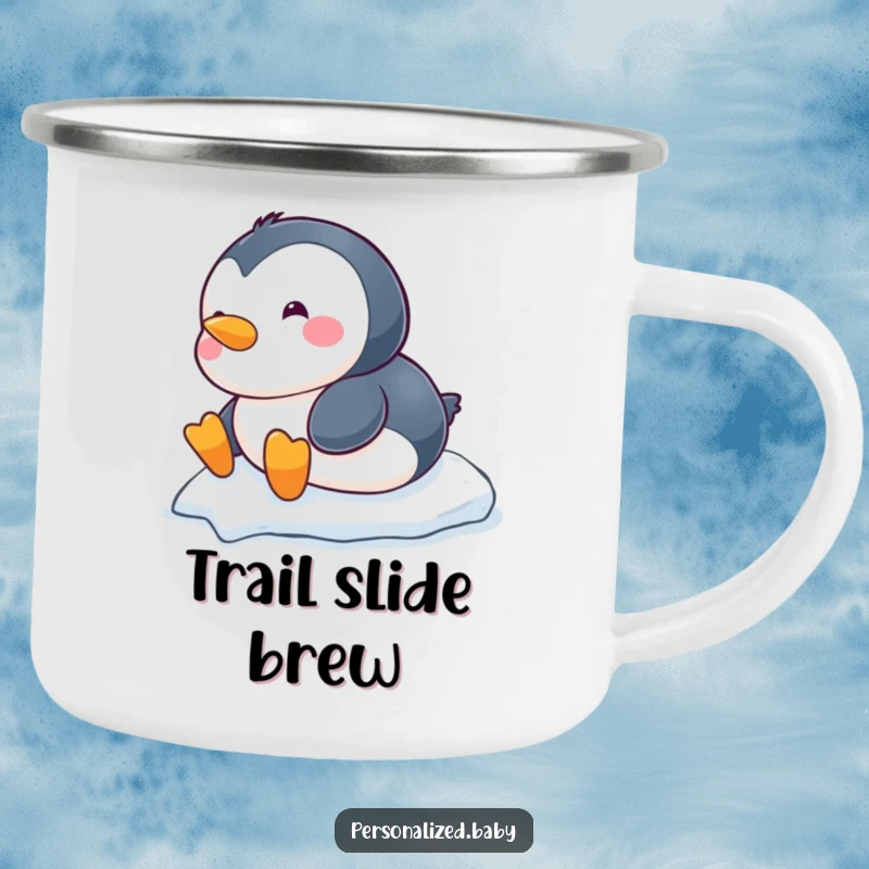 Funny chubby baby penguin camping mug, enamel finish, sliding down a snowy hill, sturdy outdoor cup.