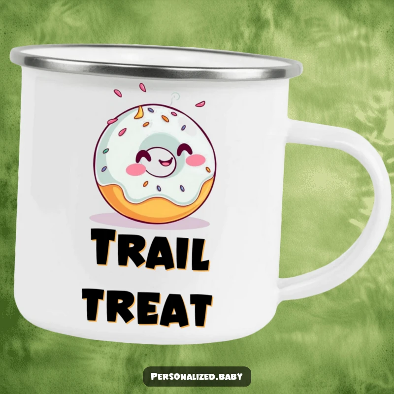 Funny camping mug showing a giggling, rolling donut with sprinkles, perfect for outdoor trips and donut lovers, a cool funny gift.