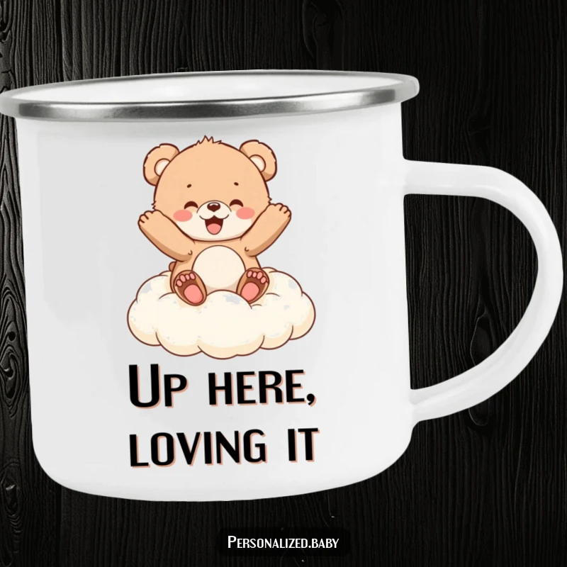 Funny Camping Mug: Fluffy bear cub joyfully bouncing on a cloud cushion, ideal for happy outdoor sips and cheerful mornings.