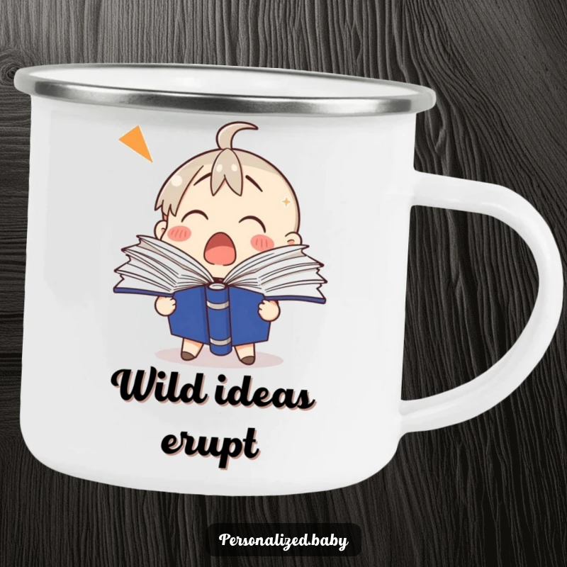 Funny binder camping mug featuring a shocked binder character with pages fanning out, ideal for outdoor shock absorption.