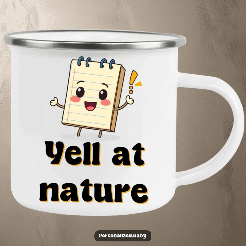 Playful notepad character rolling with a bouncing exclamation mark, featured on a durable camping mug for expressive outdoor fun.