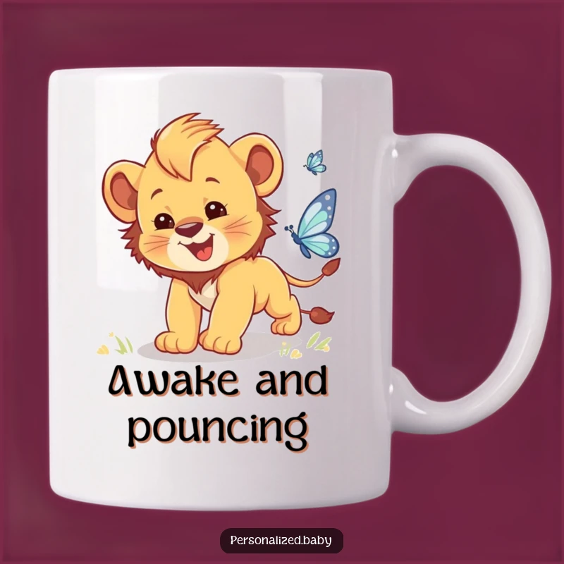 Funny Lion Cub Butterfly Chase Mug: Clumsy Baby Animal Gift for Joyful Mornings