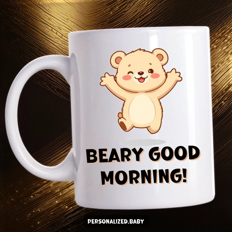 Funny Mug: A small, fluffy bear cub jumping with pure excitement, arms wide open in a gesture of happy abandon.