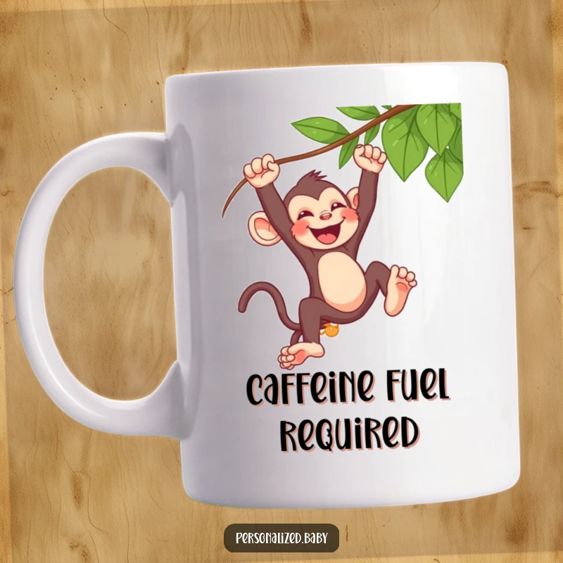 Funny baby monkey mug, swinging wildly from a vine, with a loud, infectious laugh, embodying pure primate mischief.