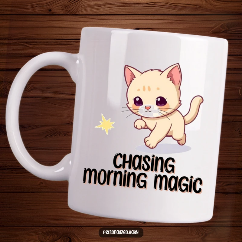 Funny mug showing a curious kitten playfully chasing a bright, sparkly comet tail across a starry sky.