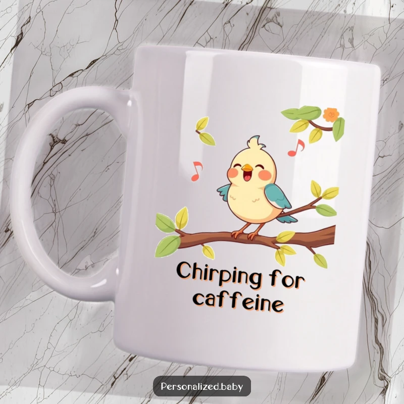 Funny, happy bird character perched on a branch, belting out a tune with joyful energy, bringing musical vibes to this mug.