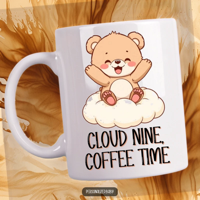 Funny Mug: Fluffy bear cub gleefully bouncing high on a soft, white cloud-shaped cushion with pure delight.