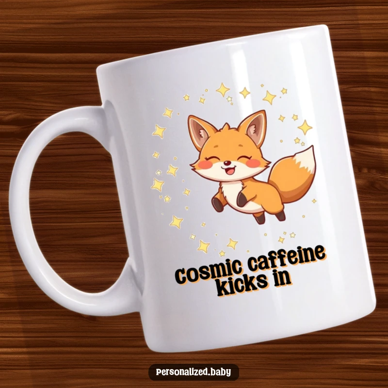 Funny Mug featuring a smiling fox leaping joyfully through twinkling constellations, embodying celestial wonder and playful energy.