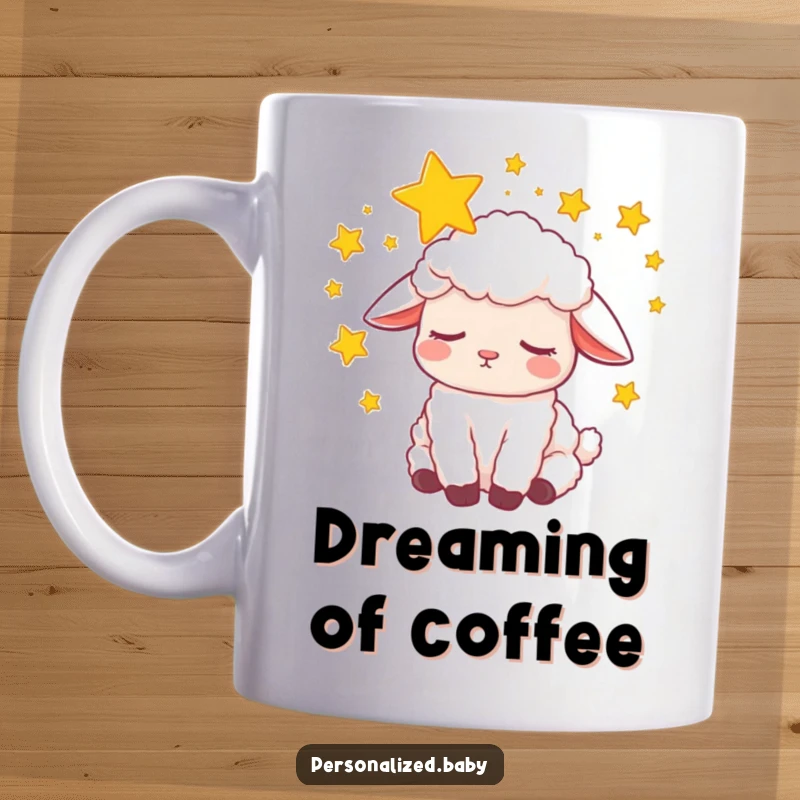 Funny Mug: A very sleepy lamb rests peacefully, with soft stars swirling gently around its head in a beautiful dream.