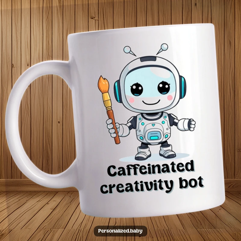 Funny mug featuring a happy, buzzing AI robot character enthusiastically holding a paintbrush, ready to create digital art.