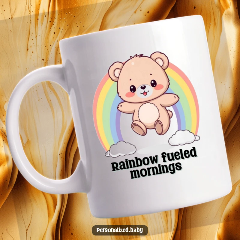 Funny mug featuring a fluffy bear cub bouncing joyfully on a vibrant, colorful rainbow, radiating pure happiness.