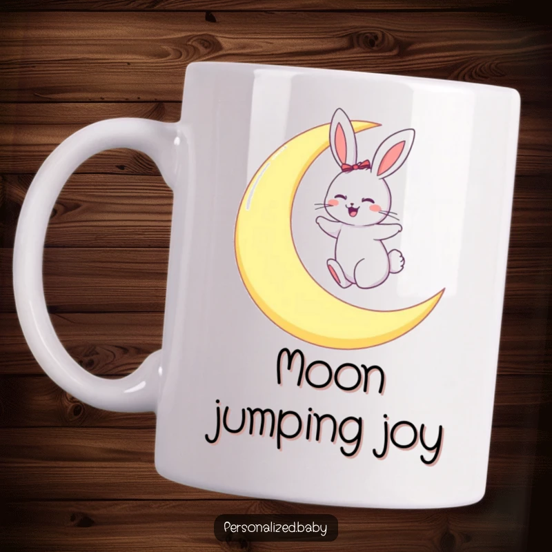 Funny mug depicting a giggling bunny joyfully hopping on a large, luminous crescent moon in a starry sky.