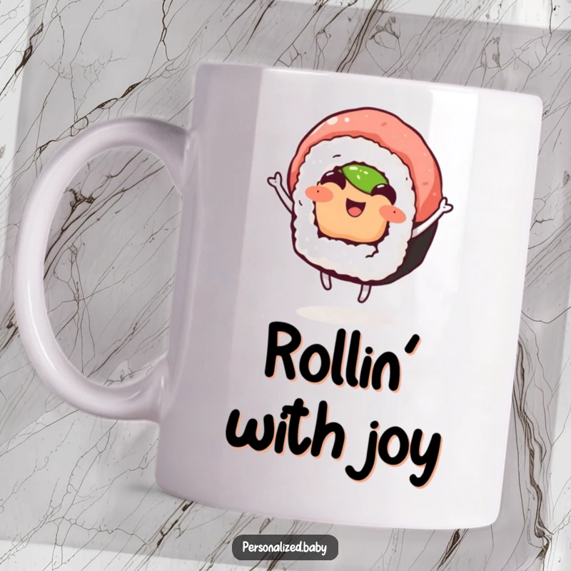 Funny mug featuring a happy sushi roll dancing joyfully, exuding pure happiness and fun, a perfect funny gift for sushi enthusiasts.