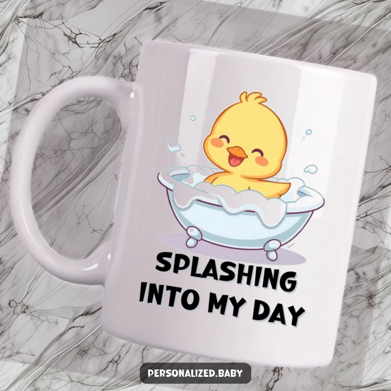 Funny Mug showing a cheerful duckling character joyfully splashing in a bathtub overflowing with foam, radiating pure happiness.