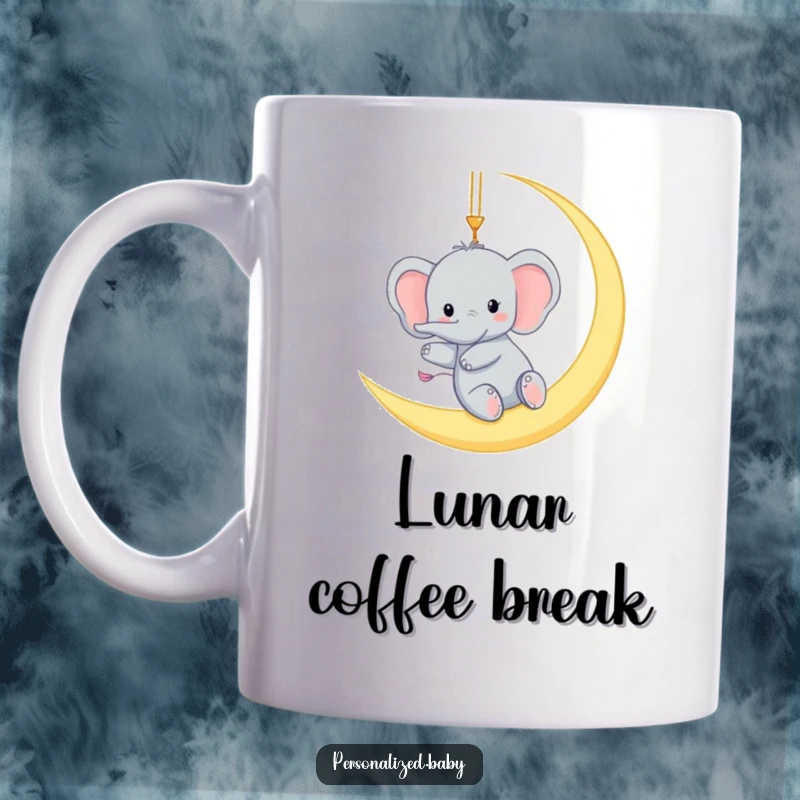 Funny mug featuring a tiny elephant gleefully swinging from a crescent moon, a magical and humorous nighttime scene.