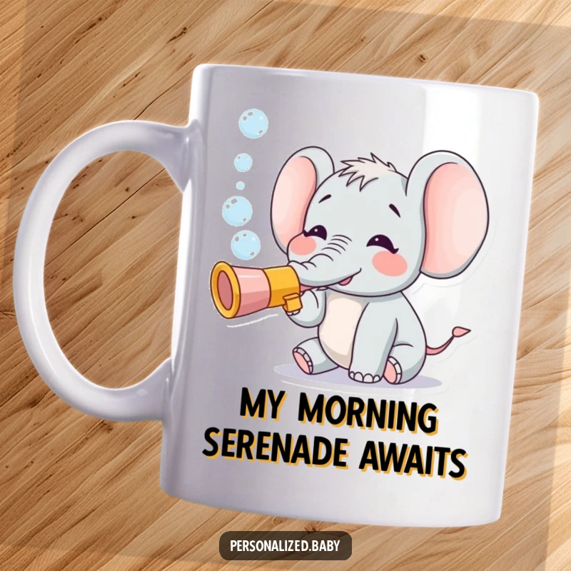 Funny mug featuring a tiny, joyful elephant character enthusiastically blowing colorful bubbles from a toy trumpet, spreading cheer.