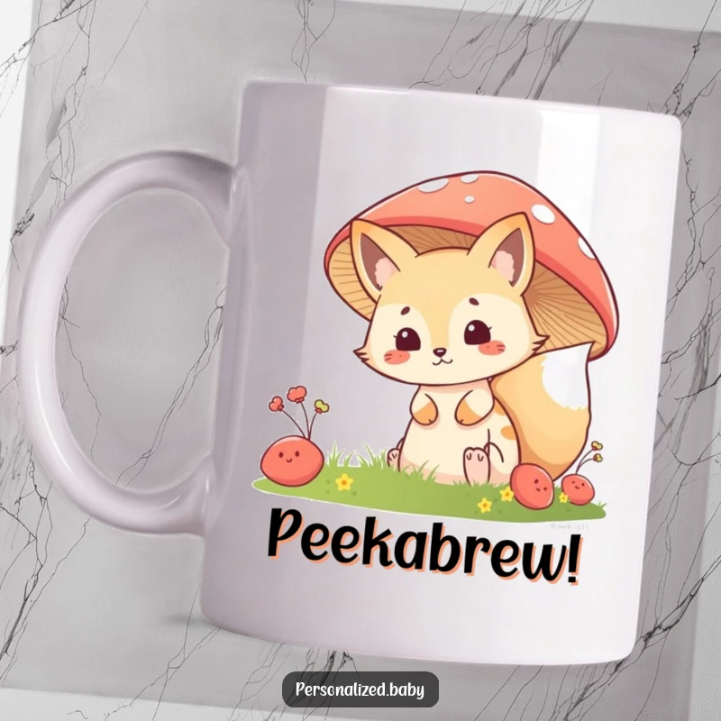 Funny Mug: A mischievous fox kit with bright eyes peeks slyly from behind a large, colorful mushroom, full of playful secrets.