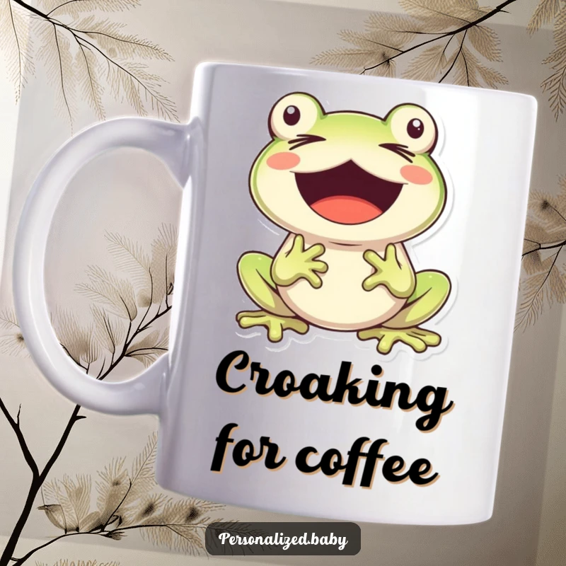 Funny, cheerful frog character singing with eyes closed and mouth wide open, bringing musical vibes to this cute mug.