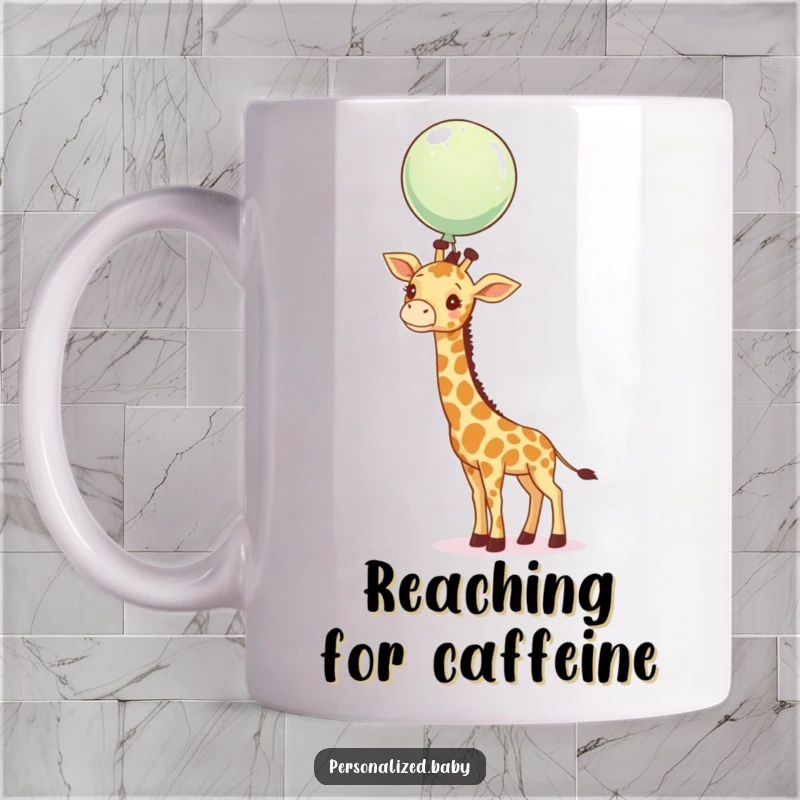 Funny curious giraffe calf stretching its long neck upwards to grasp a floating colorful balloon, on a mug.