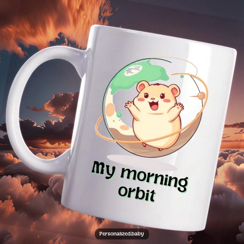Funny mug showing a happy hamster joyfully running on a giant, spinning planet, capturing energetic fun.