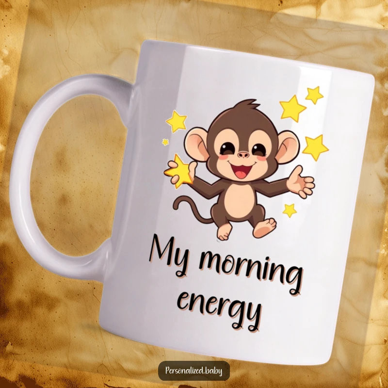 Funny mug featuring a mischievous monkey juggling bright, glowing stars, a whimsical and humorous celestial display.