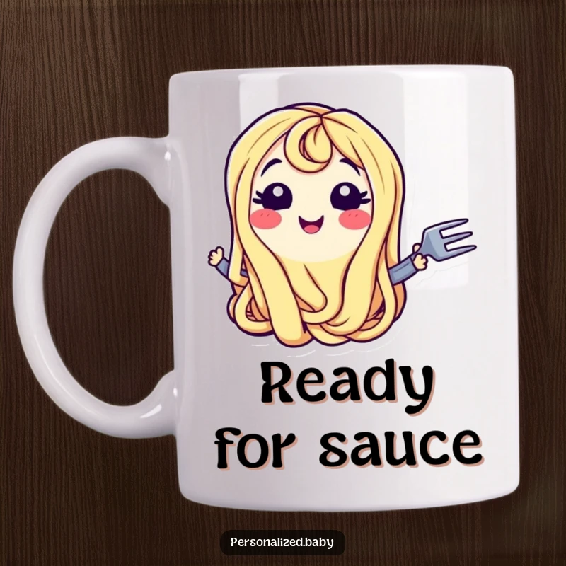 Funny Mug: Smiling wiggling spaghetti noodle character with a fork, symbolizing playful hunger and pasta obsession, a humorous desk accessory.