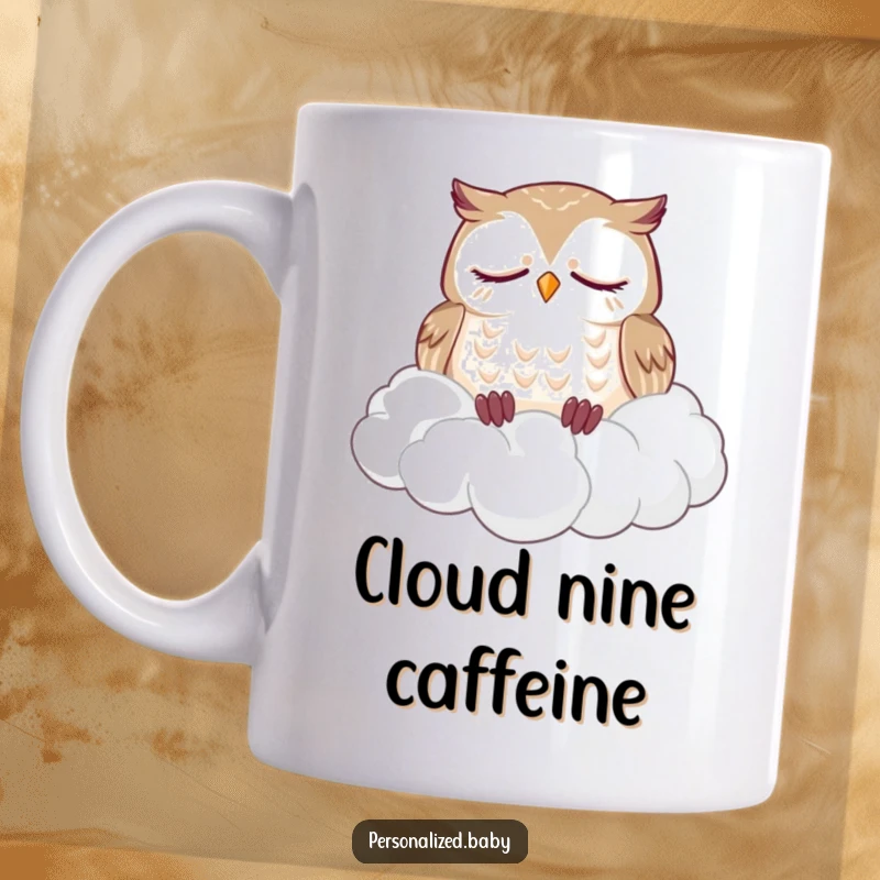 Funny mug featuring a sleepy owl dozing soundly on a fluffy pile of clouds, evoking peace and humor.