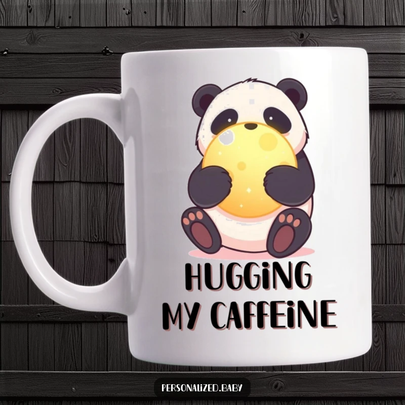 Funny mug featuring a sweet panda bear embracing a glowing, round planet, symbolizing love for Earth and gentle care.