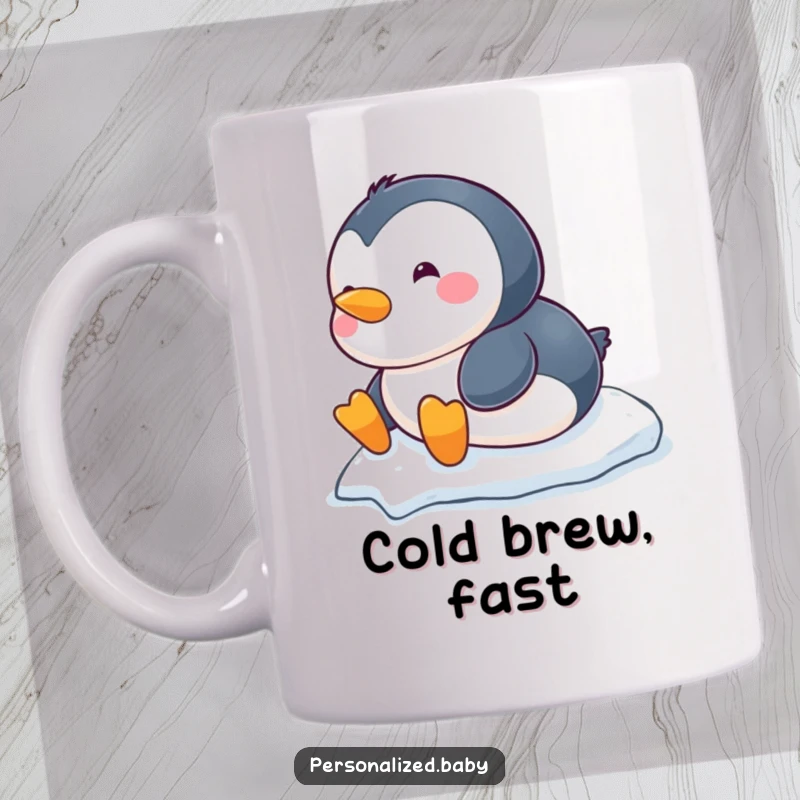 Funny chubby baby penguin mug, joyfully sliding down a snowy hill on its belly, capturing winter fun.
