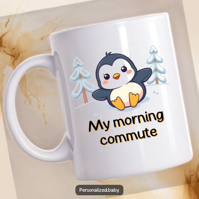 Funny playful penguin chick happily sliding down a snowy slope on its belly, showing pure fun on a mug.