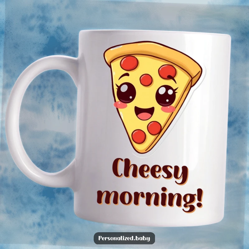 Funny mug featuring a smiling, bouncy pizza slice with pepperoni eyes, exuding happiness and fun, a perfect funny gift for pizza lovers.