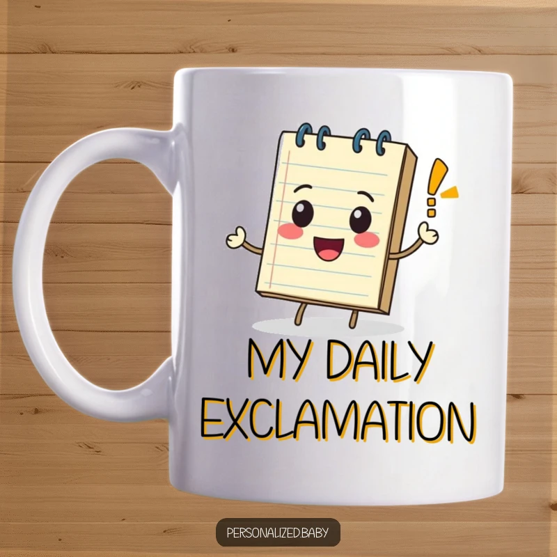 Funny anthropomorphic notepad character rolling along with a happy, bouncing exclamation mark, conveying excitement on a mug.