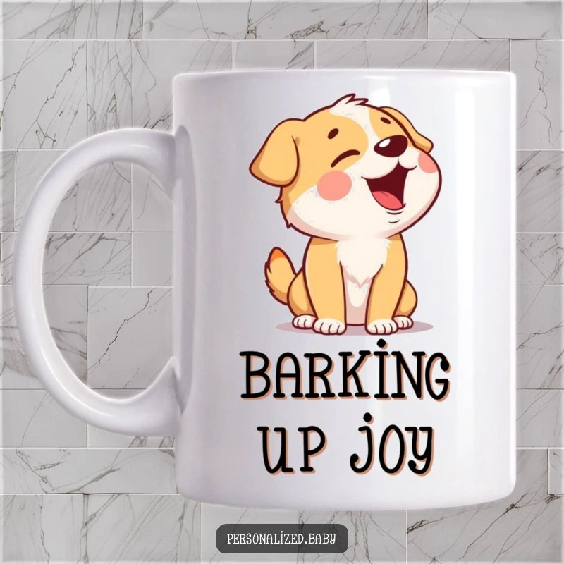 Funny Singing Dog Mug featuring a giggling dog character tilting its head back, joyfully belting out a tune with pure delight.
