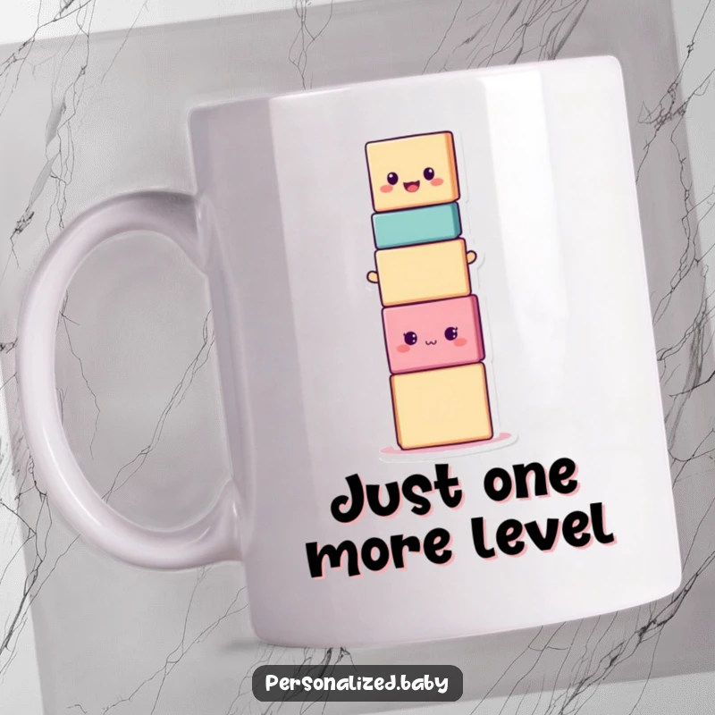 Funny stacking block character smiling precariously balanced on top of others, a mug for humor and joy.