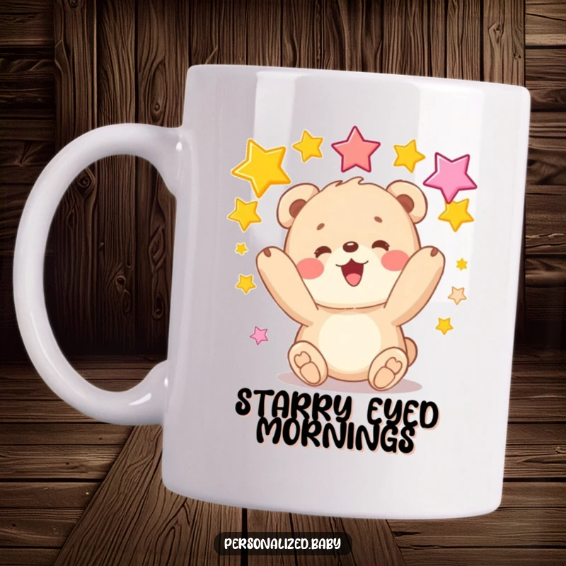 Funny mug with a fluffy bear cub happily juggling colorful stars, showcasing playful joy and stellar fun.