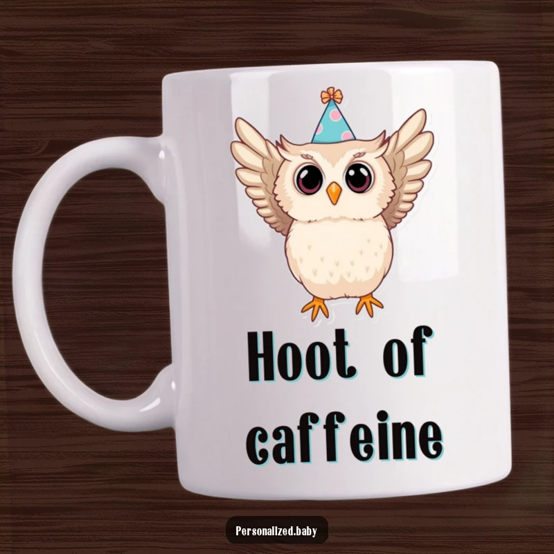 Funny mug featuring a baby owl in a party hat dramatically swooping with wide eyes, capturing surprise and festivity.