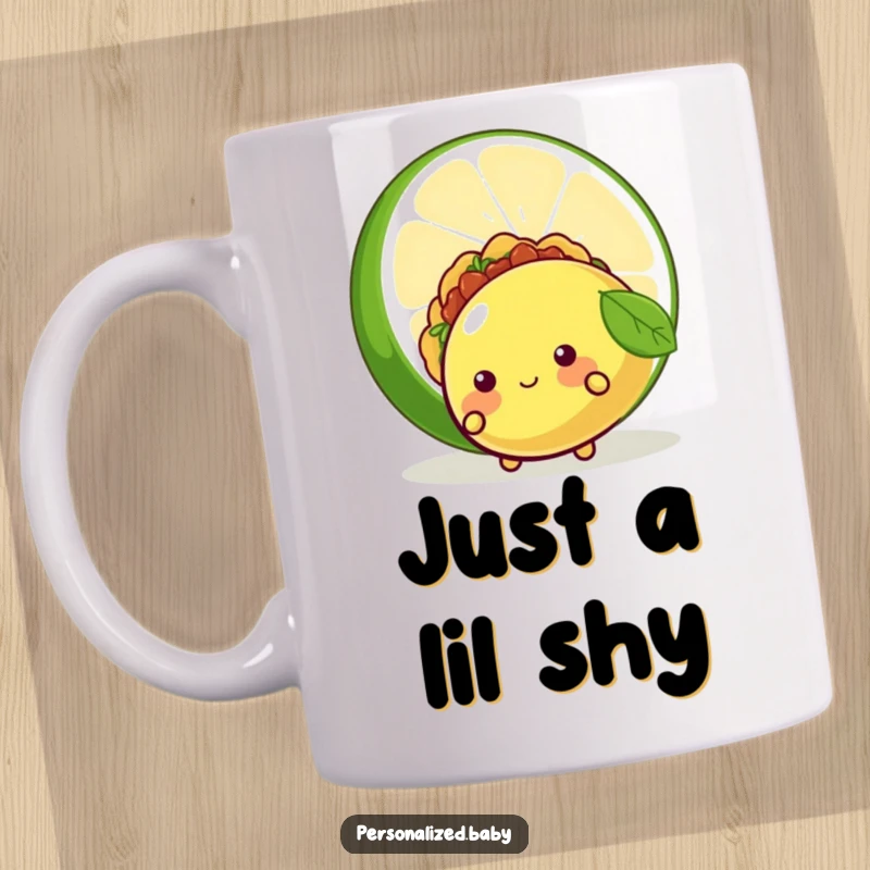 Funny mug featuring a blushing taco character shyly peeking from behind a huge lime slice, a cute and humorous design, perfect funny gift.