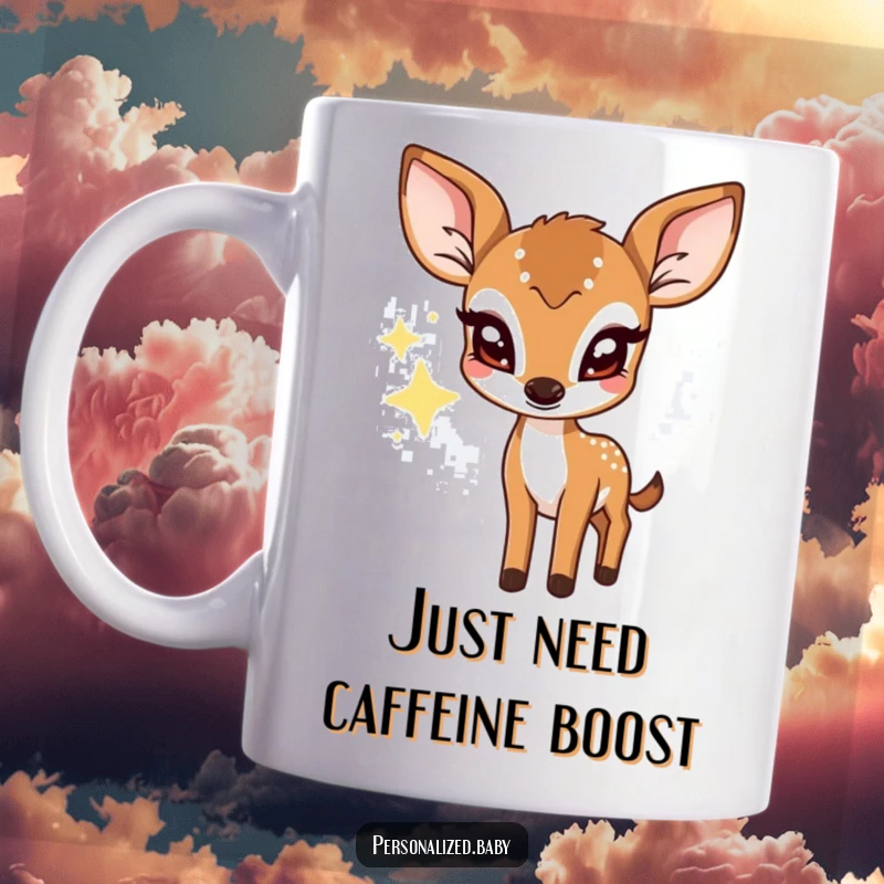 Funny mug with a shy deer fawn blinking large eyes from behind a twinkling star, showcasing innocent wonder and cuteness.