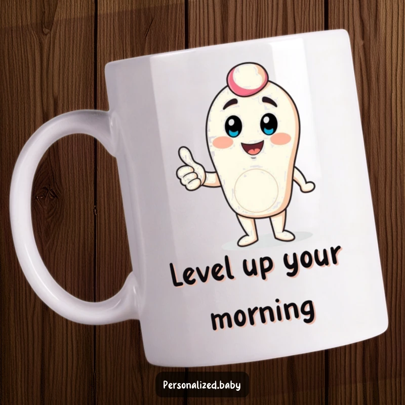 Funny digital avatar mug featuring a bouncing character giving a positive thumbs up, embodying enthusiasm and digital good vibes.
