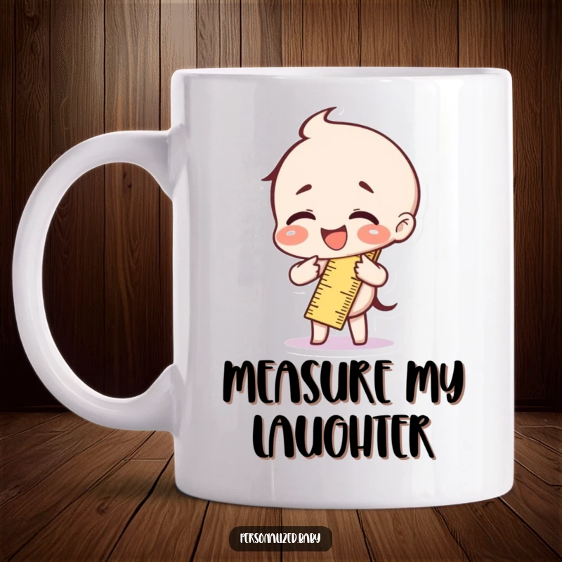 Funny anthropomorphic ruler character bent in half with uncontrollable laughter, depicted on a humorous mug.