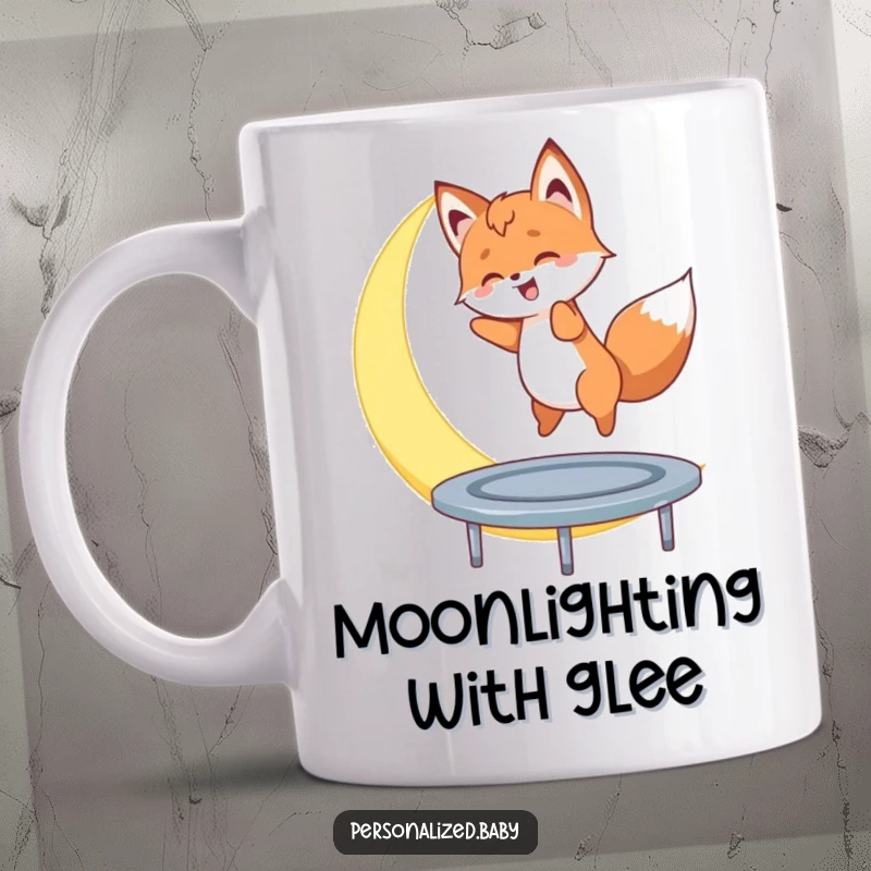Funny mug with a fox cub gleefully bouncing on a crescent moon, embodying playful dreams and celestial fun.