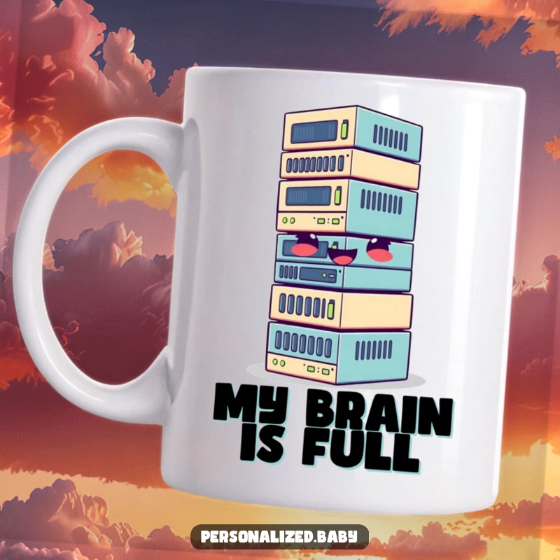 Funny mug showcasing a giggling, wobbly stack of colorful data blocks, representing joyful data handling.