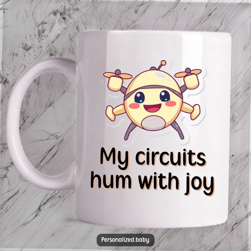 Funny drone character mug, joyfully buzzing with a wide grin, ready to deliver smiles and coffee.