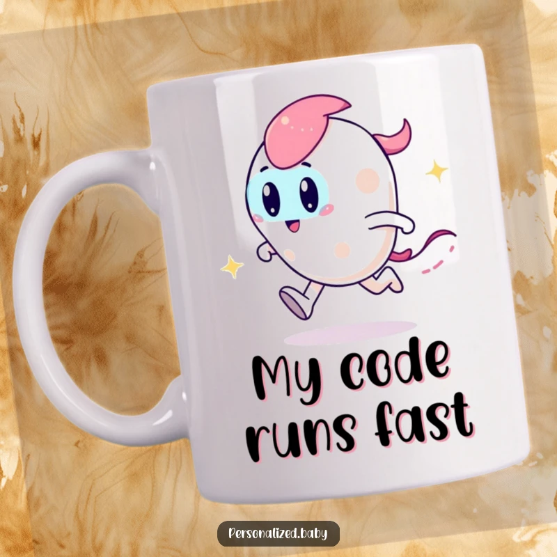 Funny mug featuring a playful, zooming code character leaving a sparkly trail, symbolizing fast coding and brilliant ideas.