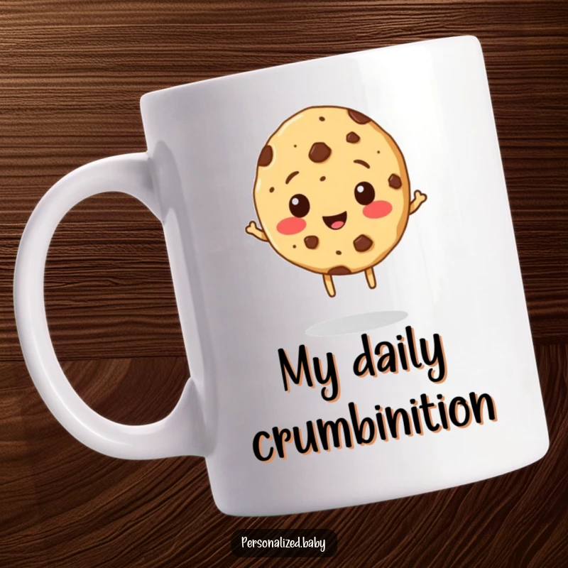 Funny Cookie Mug: A cheerful, bouncing cookie with chocolate chip freckles happily spreading joy, perfect for a sweet gift.