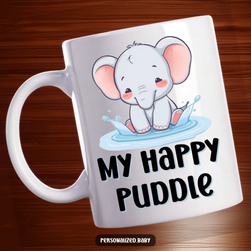 Funny wobbly baby elephant gleefully splashing in a puddle of water, pure joy on a mug.